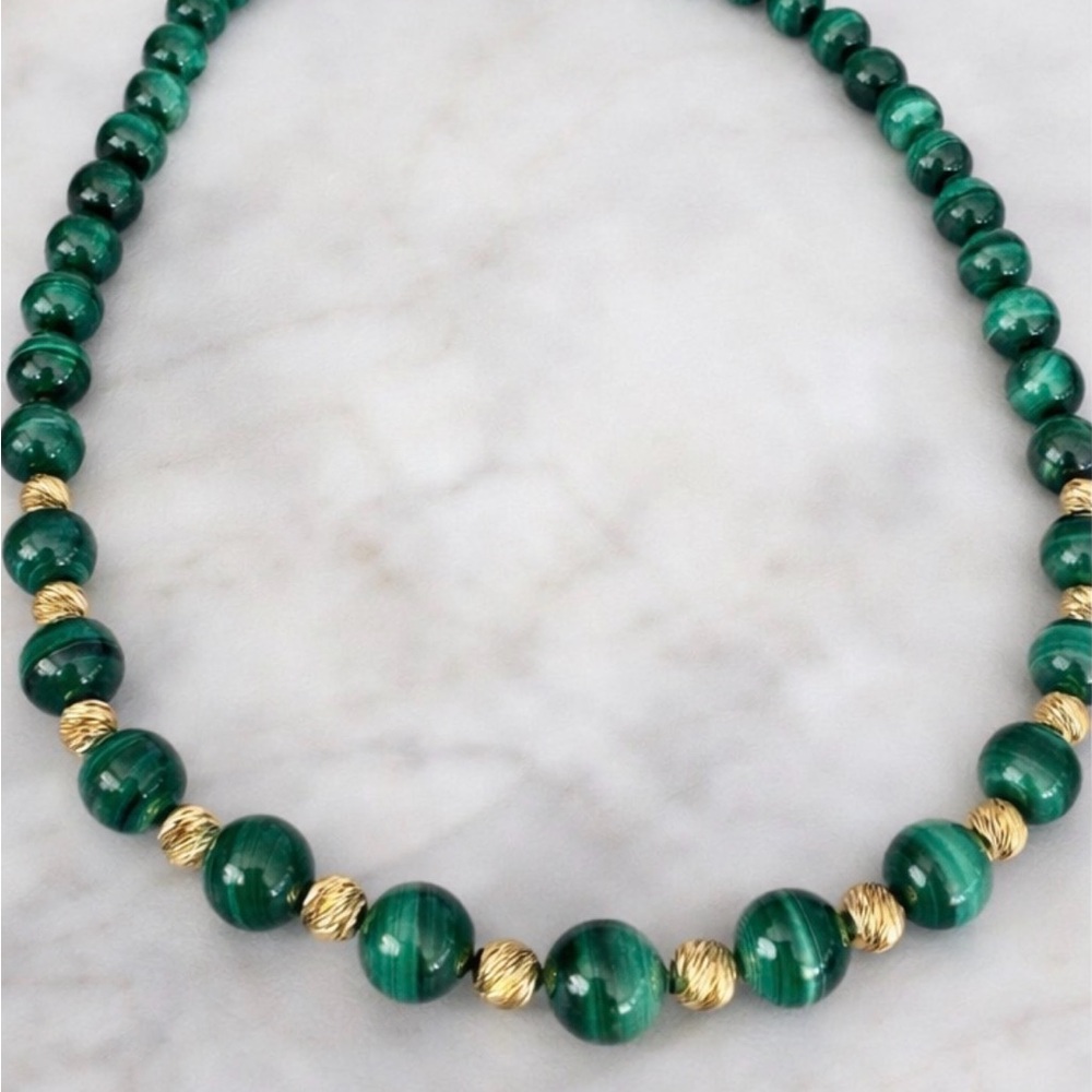 Malachite Beaded Statement Necklace | Green Stone Gold Tone Spacers